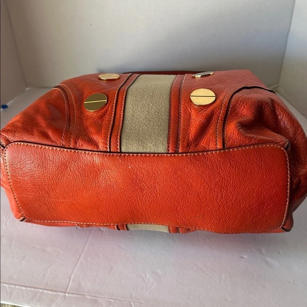 🔥 Milly Orange Coral Leather Carryall Hobo Shoulder Bag Gold Studs Suede Accent